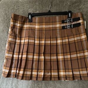 No Boundaries Brown Plaid Pleated Mini Skirt with Buckle Detail